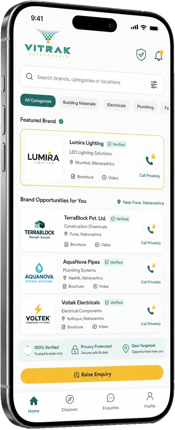 The Vitrak distributor app showing brand opportunities, brochures and a private call button.