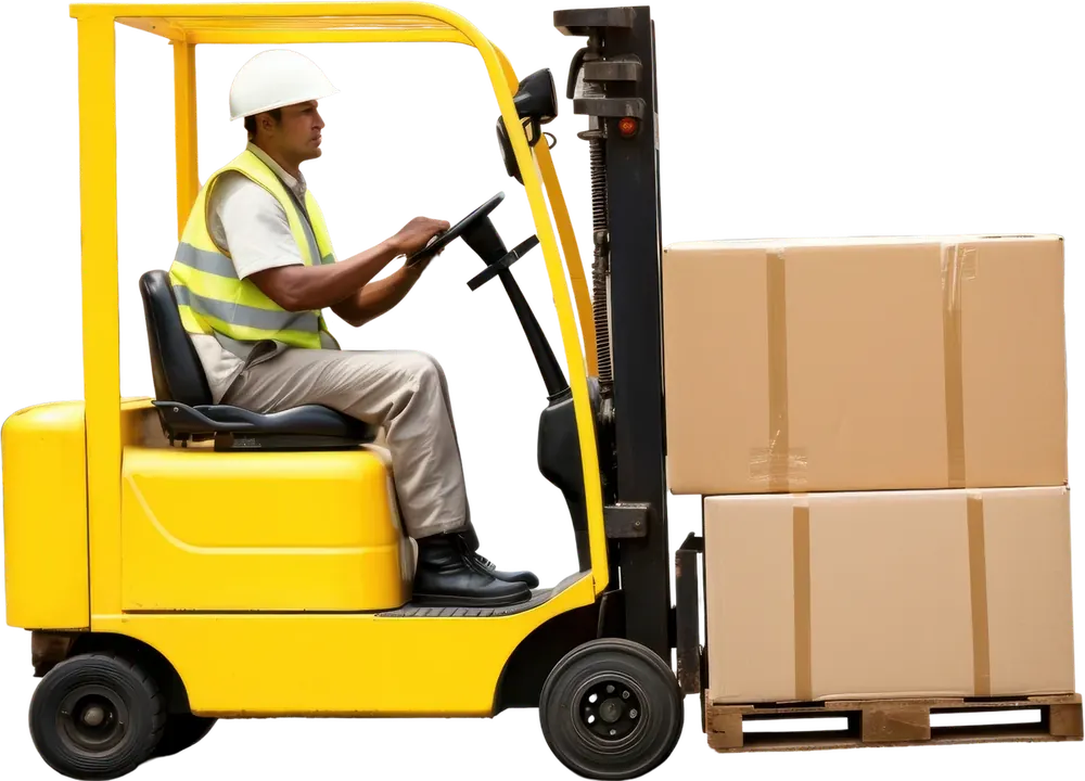 A forklift operator moving palletised stock.