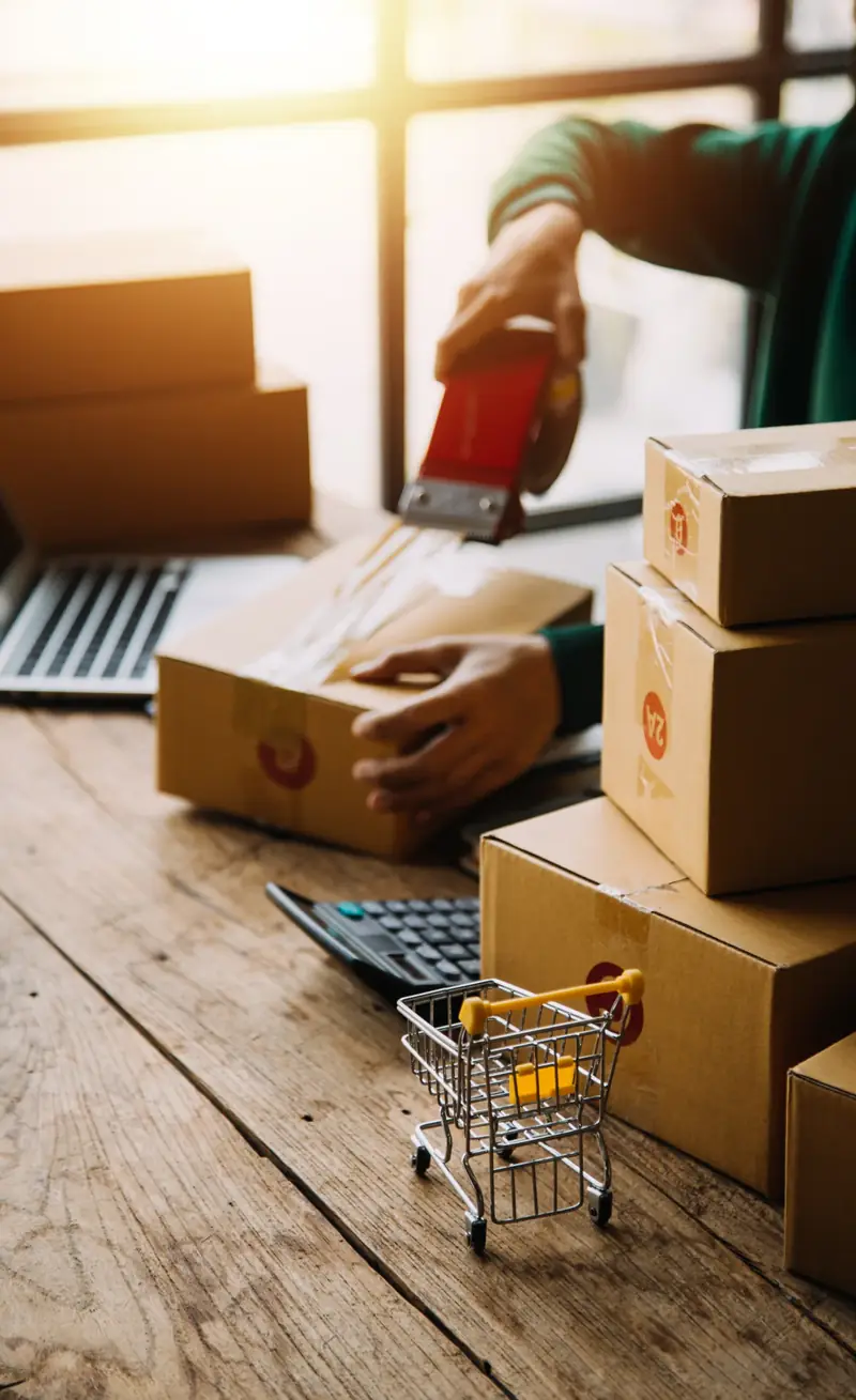 A seller taping cartons shut at a desk beside a laptop.