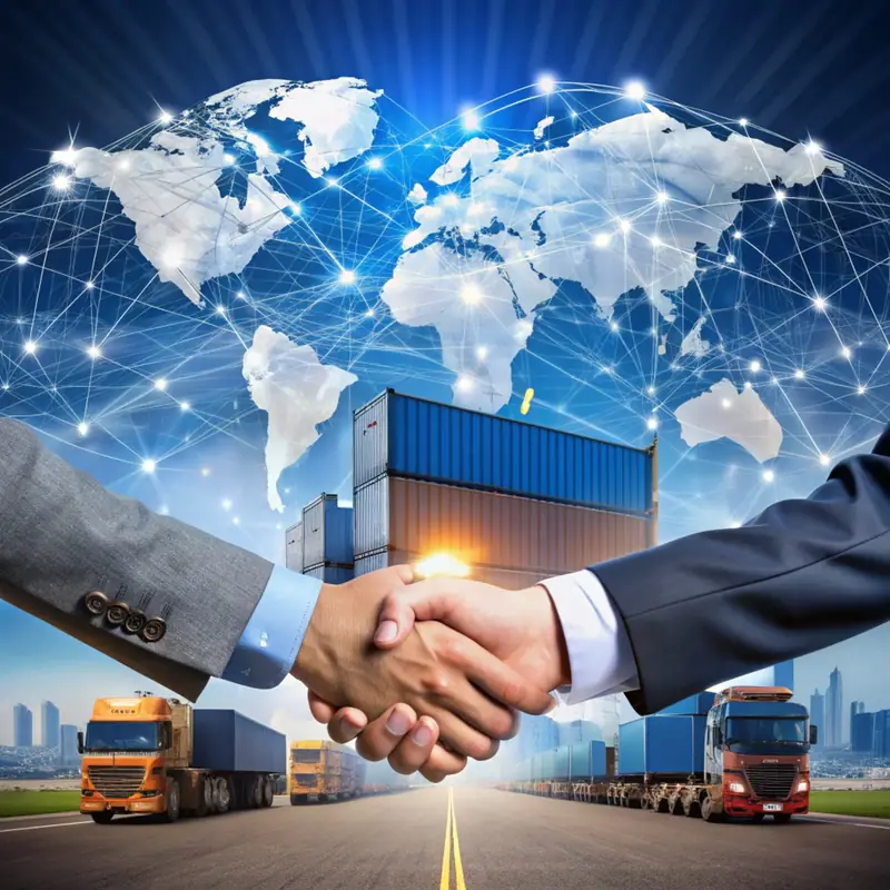 A handshake in front of freight trucks and a stylised network of trade routes.
